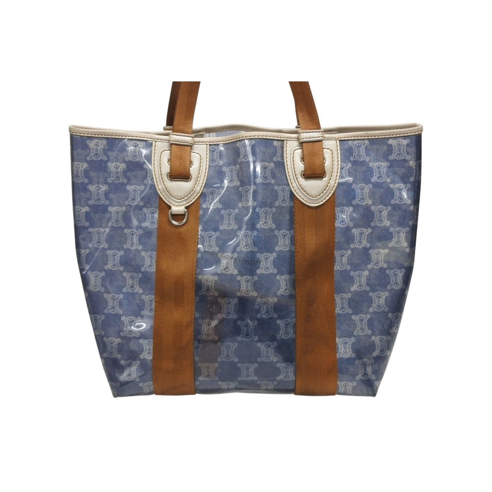 Celine Macadam Tote Handbag Blue Vinyl Bag Brown Leather